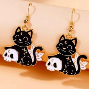 Black Cat & Skull Dangle Earrings | Witchy Gothic Enamel | Gold